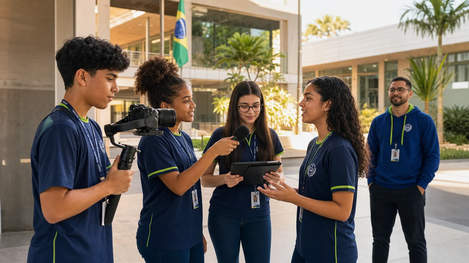 Estudantes produzindo conteúdo com câmera, microfone e tablet